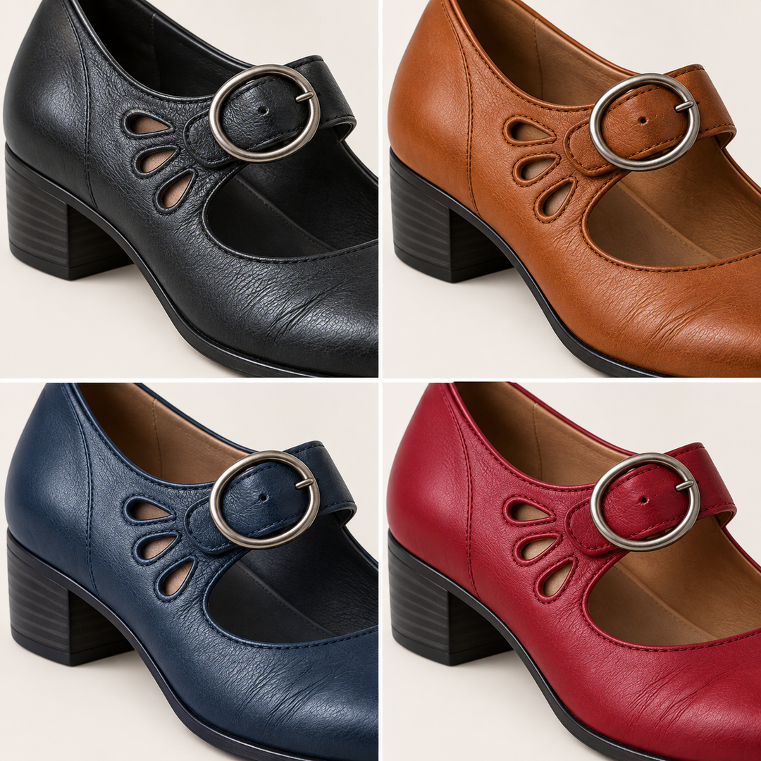 Clara low-cut Mary Jane shoes close-up of buckle cutouts and heel