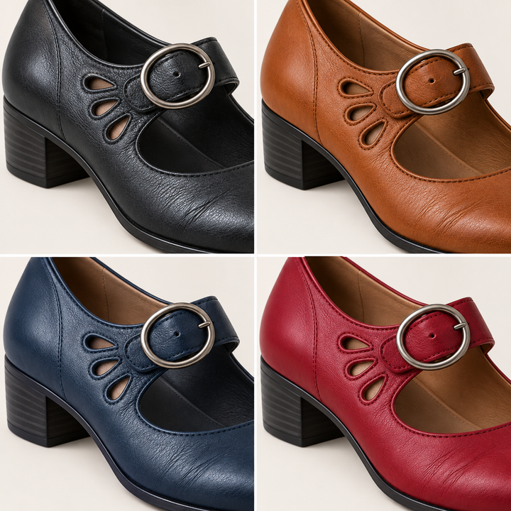 Clara low-cut Mary Jane shoes close-up of buckle cutouts and heel