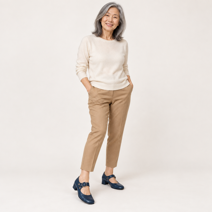 Clara Blue low-cut Mary Jane shoes styled on a mature model