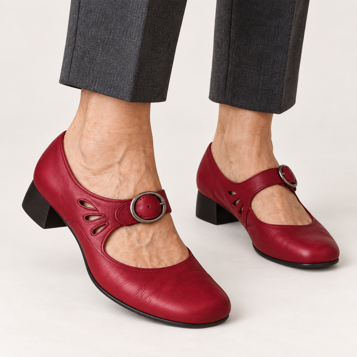 Clara low-cut Mary Jane shoes in Red worn close-up