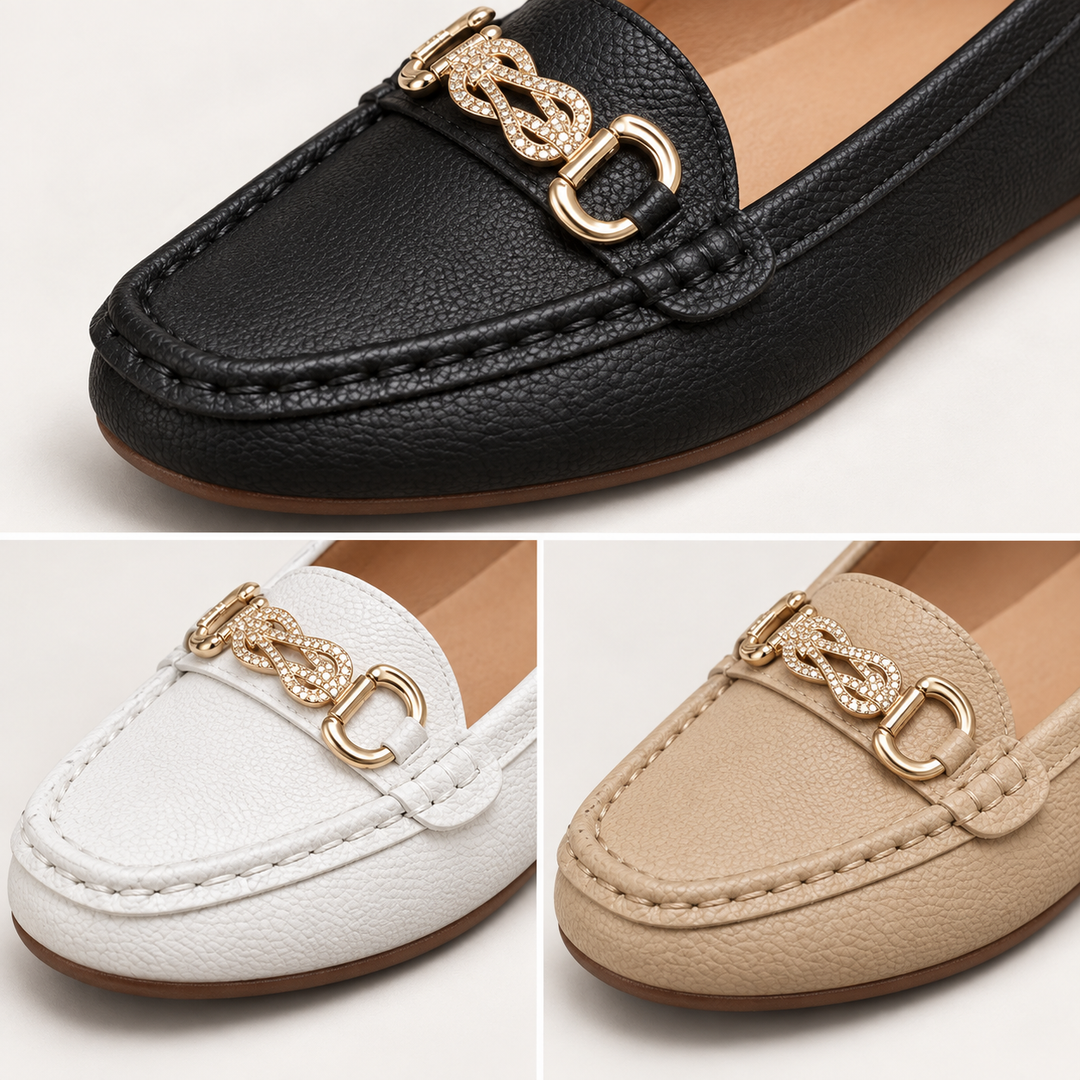 Clara timeless loafers close-up of texture stitching and ornament