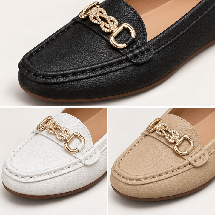 Clara timeless loafers close-up of texture stitching and ornament