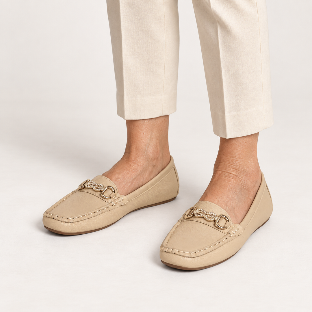 Clara timeless loafers in Khaki worn close-up