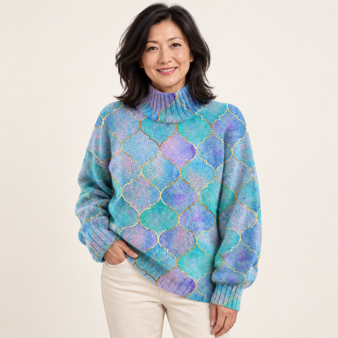 Delilah artistic knit jumper on a mature model