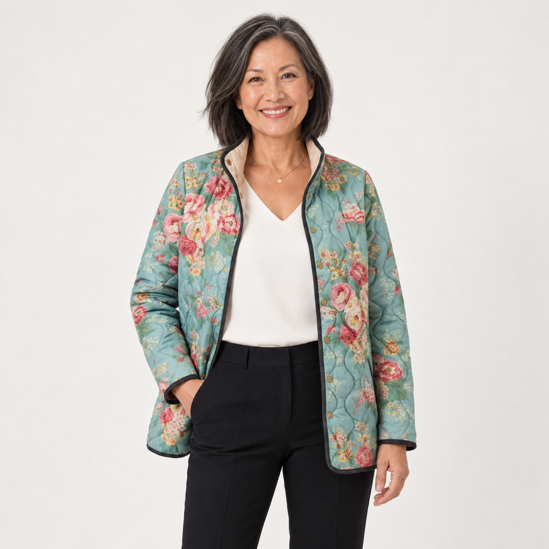 Clementine celadon rose quilted jacket on a mature model