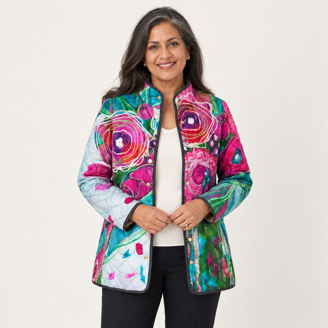 Iris Watercolour Floral Quilted Jacket on a mature model