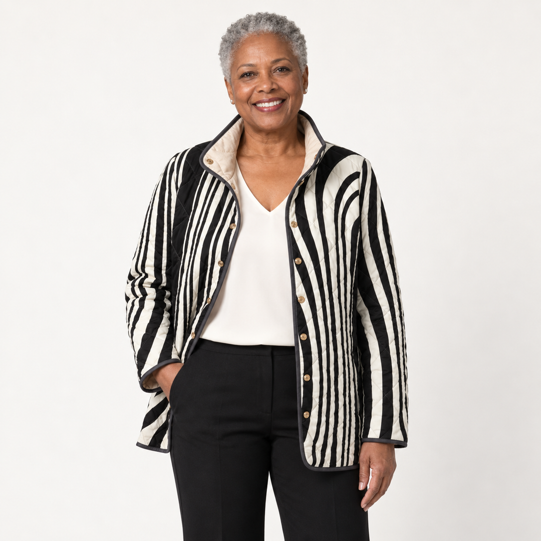 Edith graphic zebra quilted jacket on a mature model