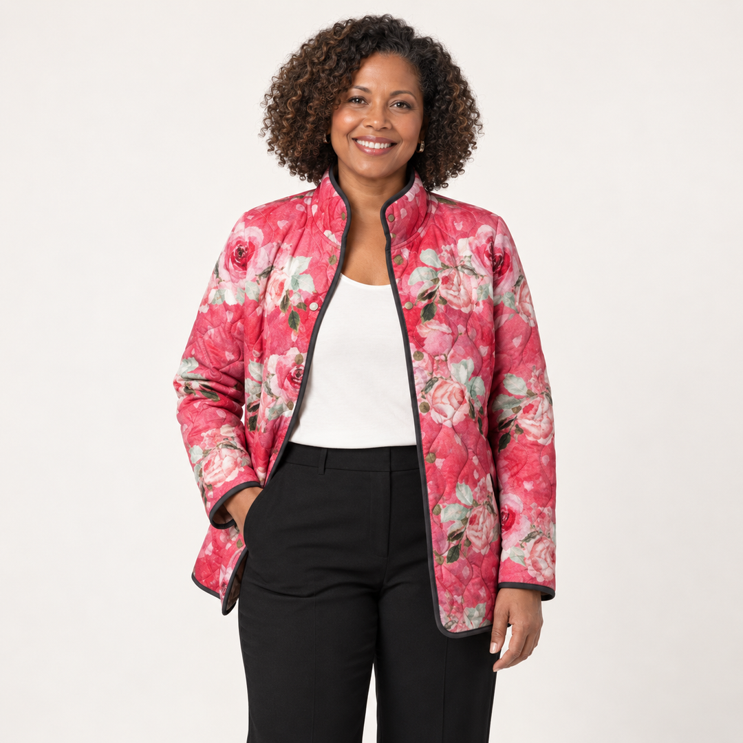 Beatrice powdered rose quilted jacket on a mature model