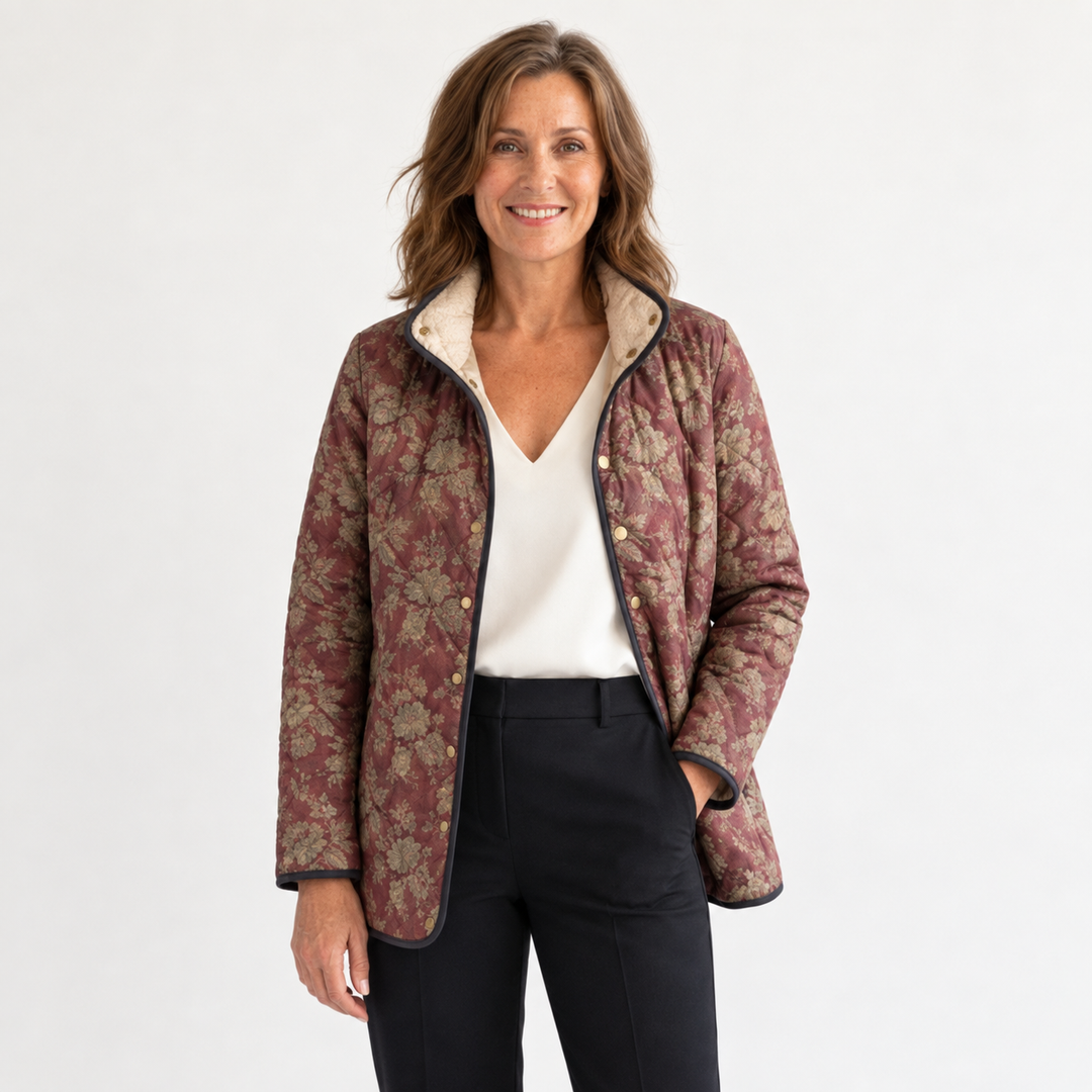 Lydia Plum Damask Quilted Jacket on a mature model