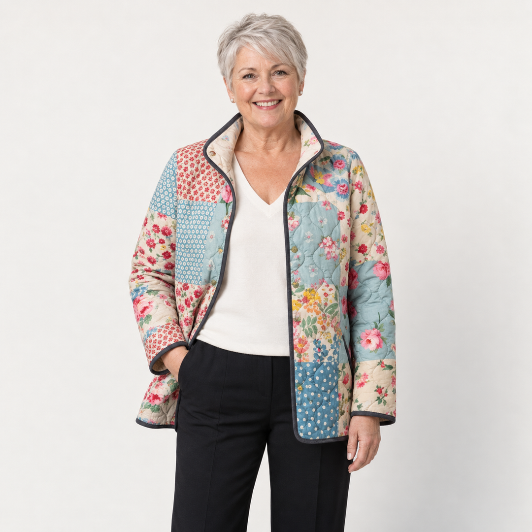 Cecily floral patchwork quilted jacket on a mature model
