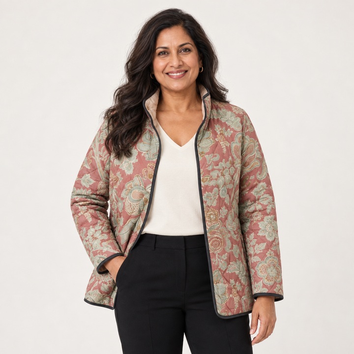 Cordelia terracotta damask quilted jacket on a mature model