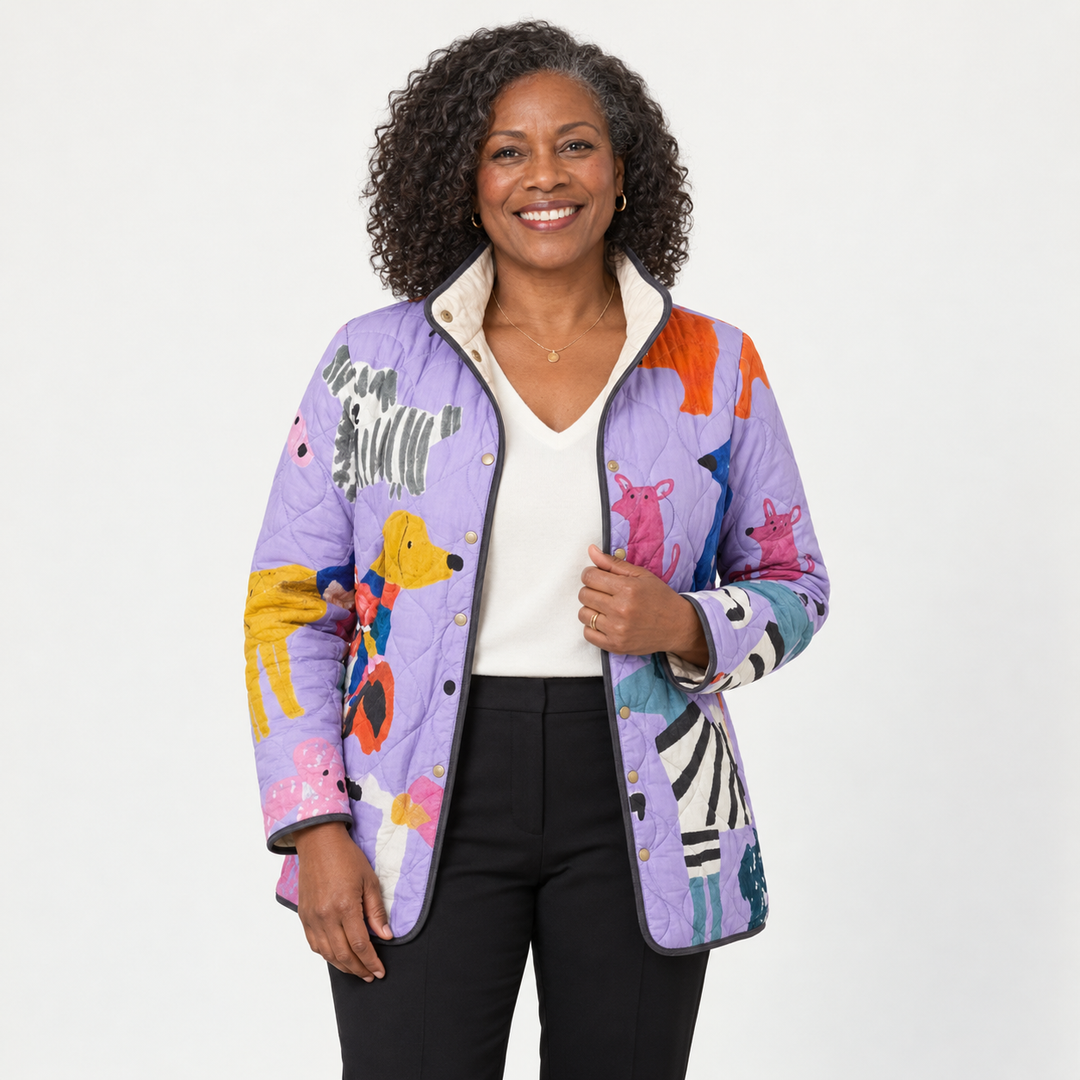 Nancy Little Dogs Quilted Jacket on a mature model