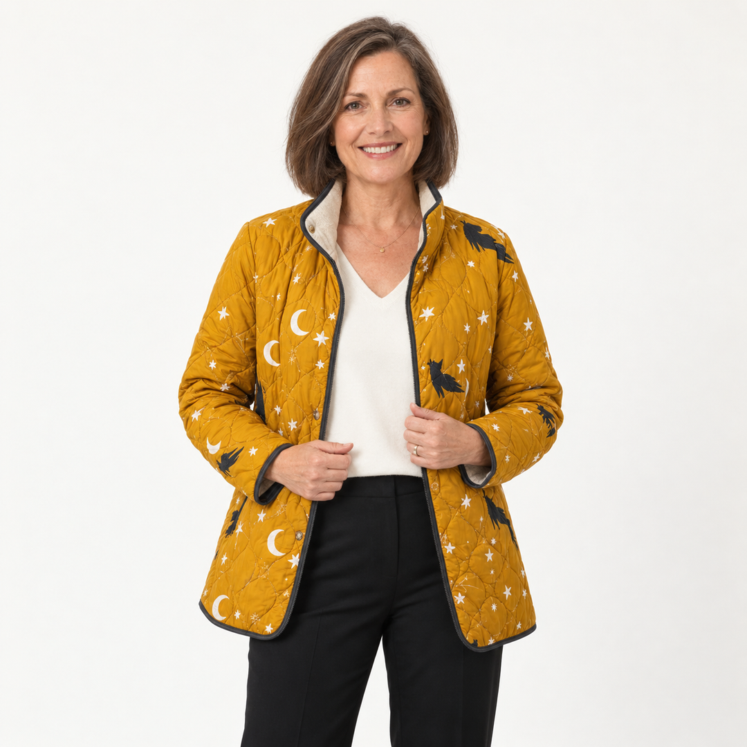 Tabitha Cats and Stars Quilted Jacket on a mature model