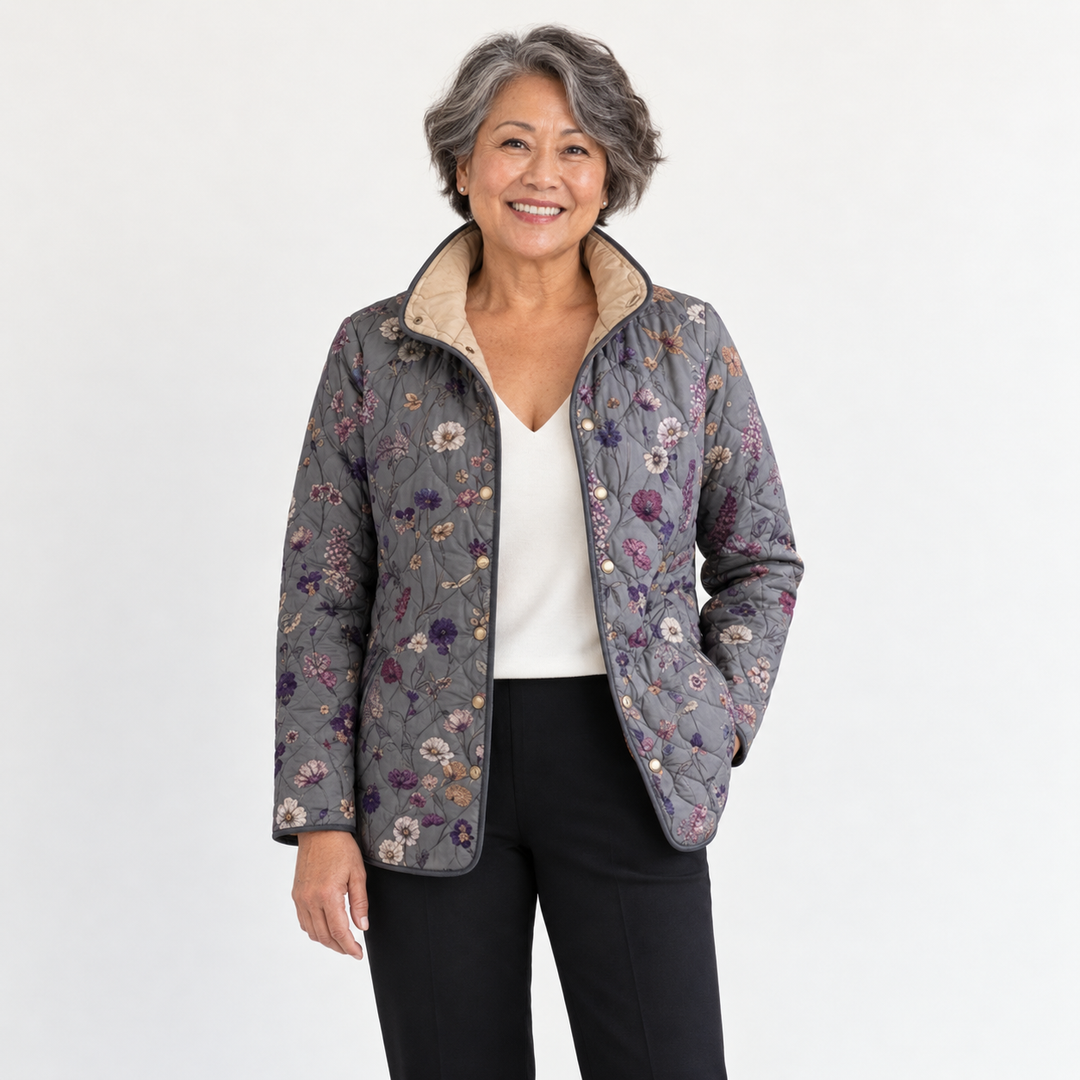 Verity Dried Flower Quilted Jacket on a mature model