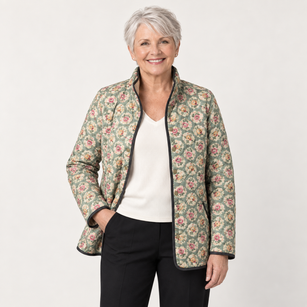 Rosamund Floral Tapestry Quilted Jacket on a mature model