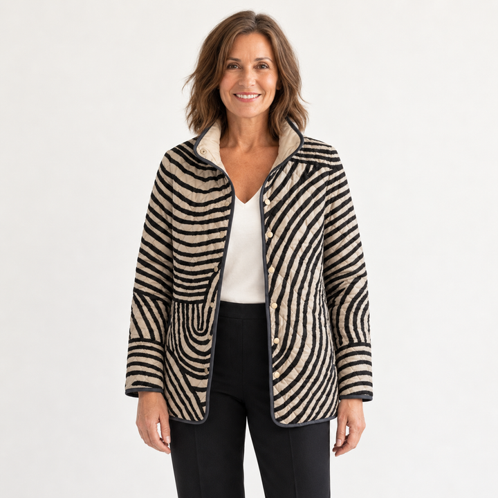 Enid Hand-Drawn Circle Quilted Jacket on a mature model