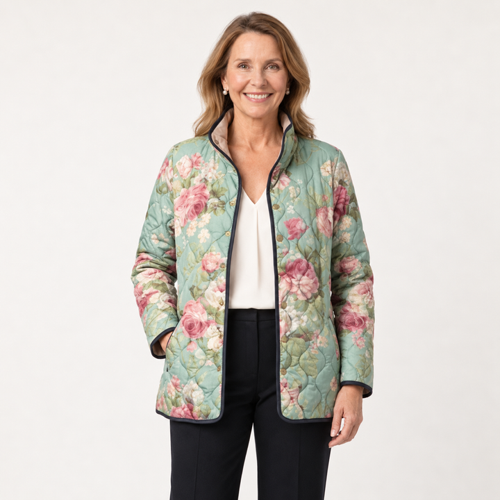 Agnes antique rose quilted jacket on a mature model