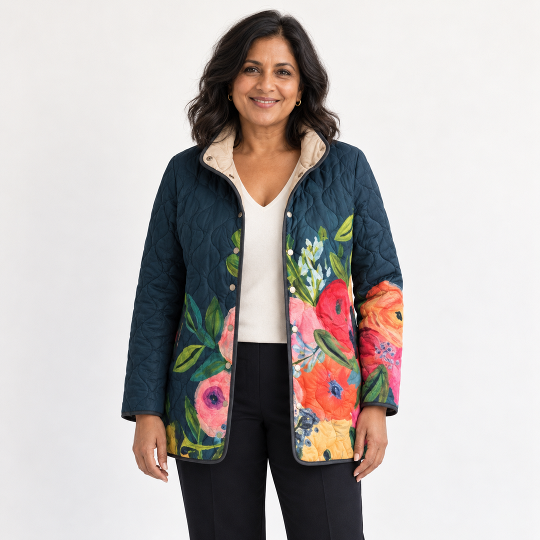 Susannah Painted Floral Quilted Jacket on a mature model