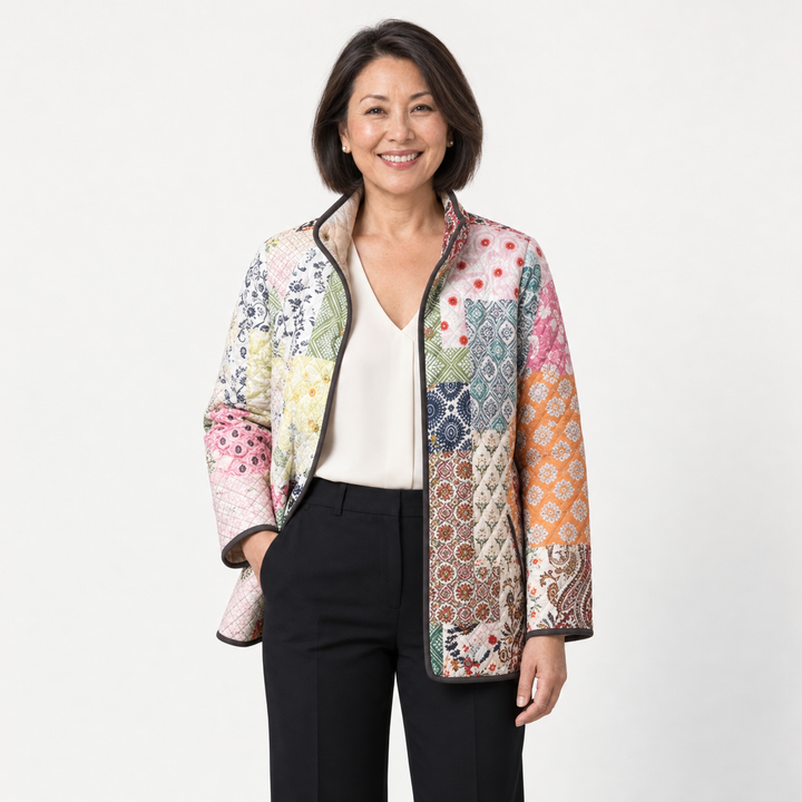 Imogen Bohemian Patchwork Quilted Jacket on a mature model