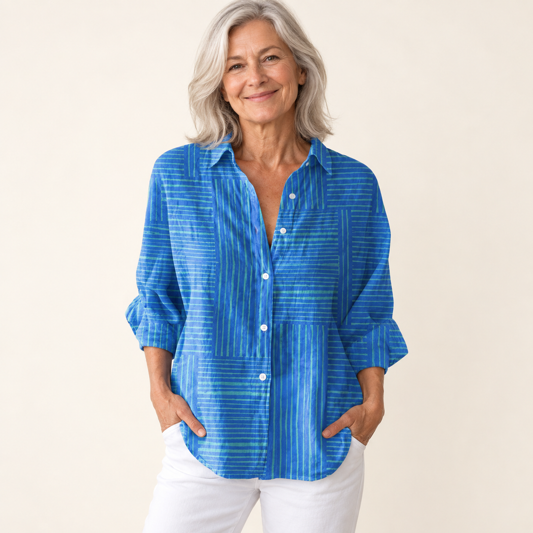 Doirinn striped blouse on mature model, front view
