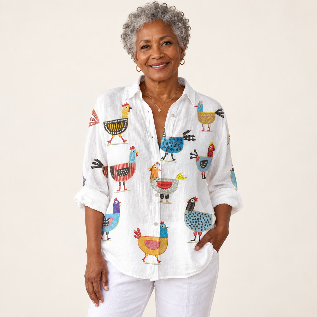Éadaoin chicken-print blouse on mature model, front view