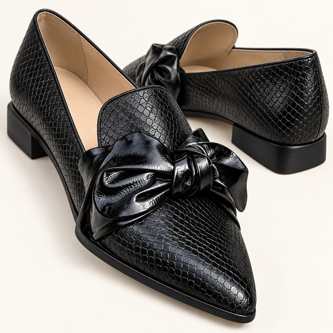Elena black bow shoes close-up of texture bow and heel