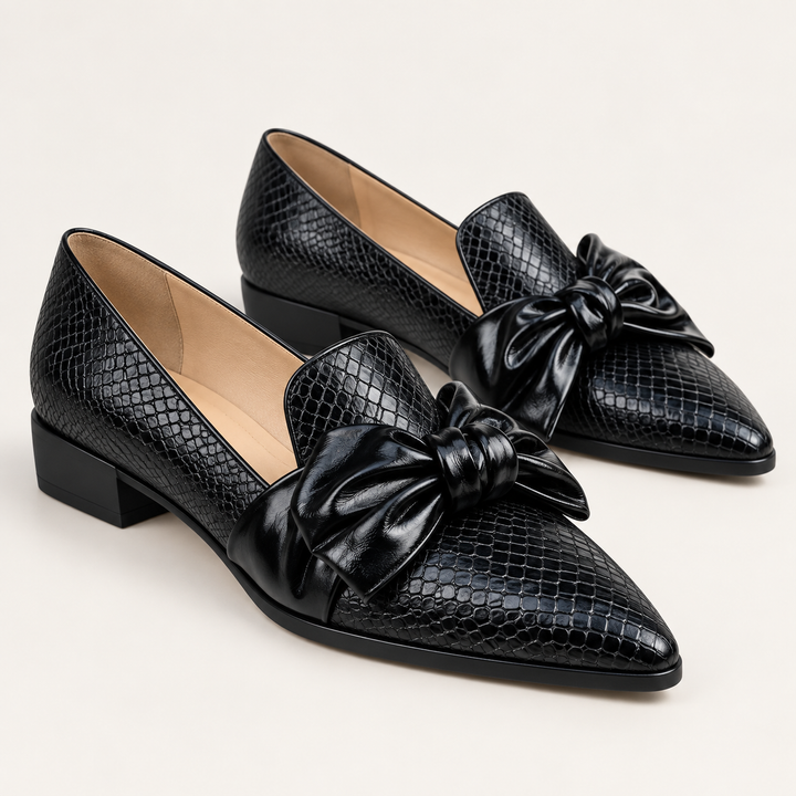 Elena black bow shoes side three-quarter view