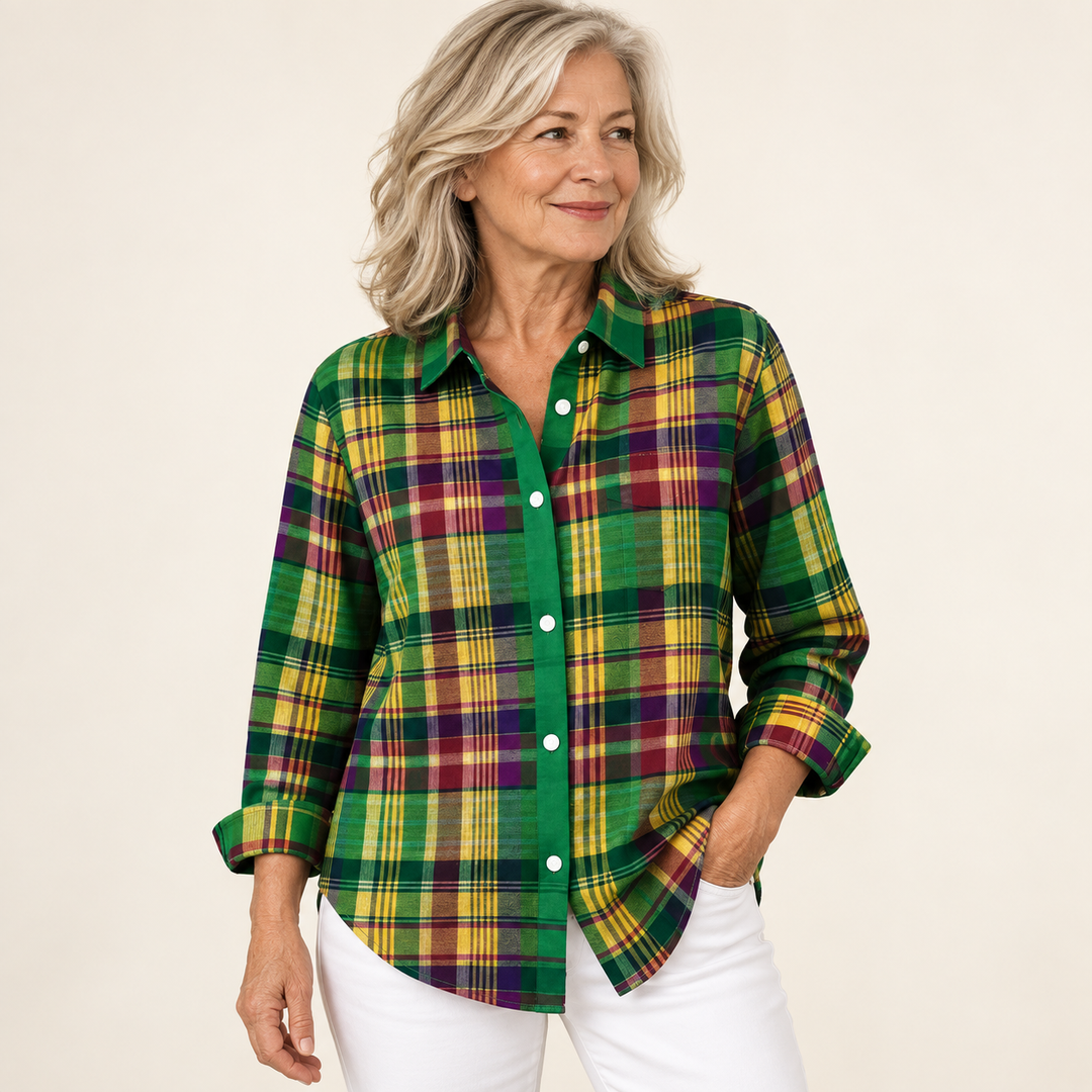 ELINDRA checked blouse — clean studio context on mature model