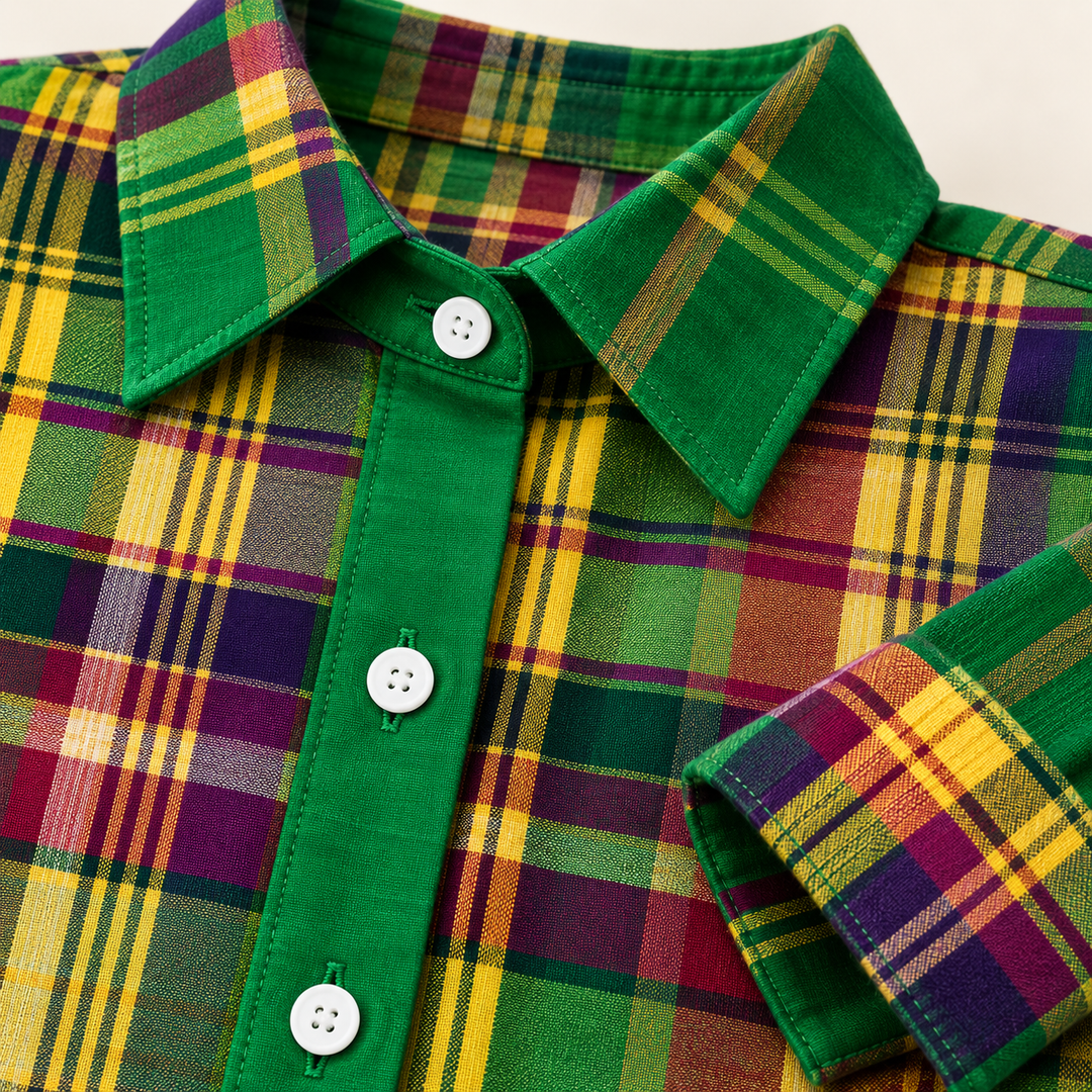Close-up of the ELINDRA blouse plaid fabric, collar, buttons and cuff