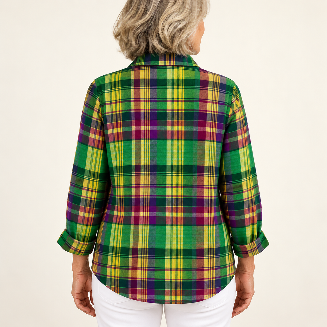 ELINDRA checked blouse — inferred back view on mature model