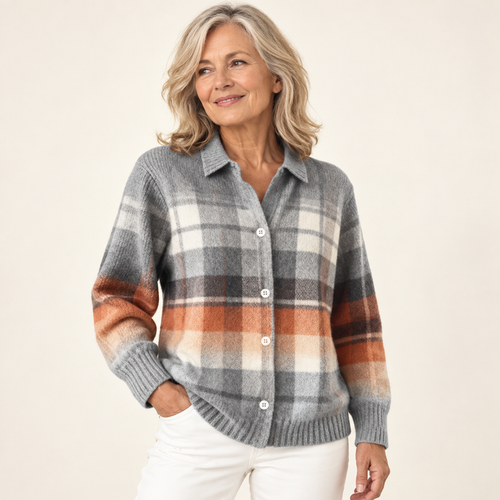 ELIRA checked blouse — clean studio context on mature model