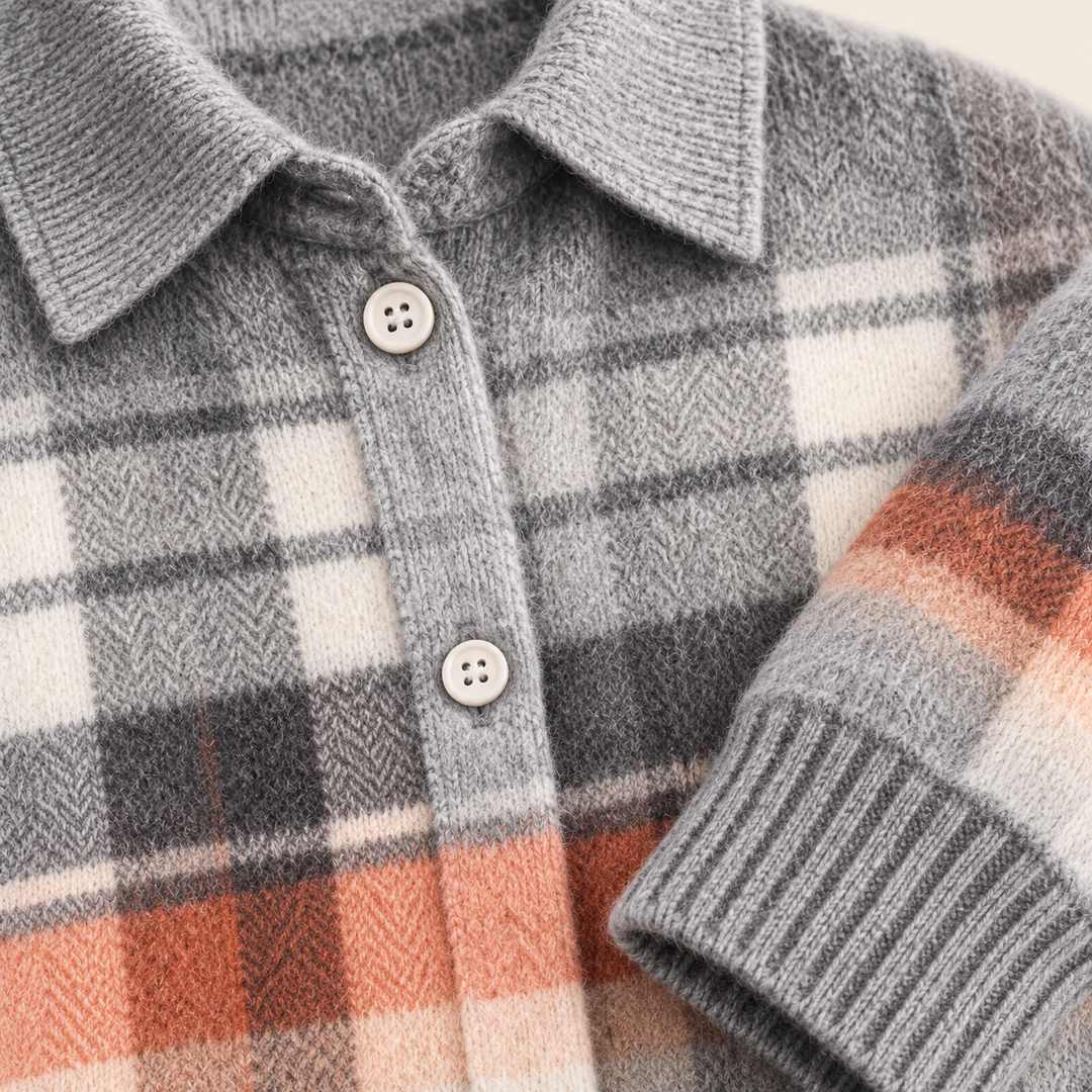 Close-up of the ELIRA blouse checked knit, collar, buttons and ribbed cuff