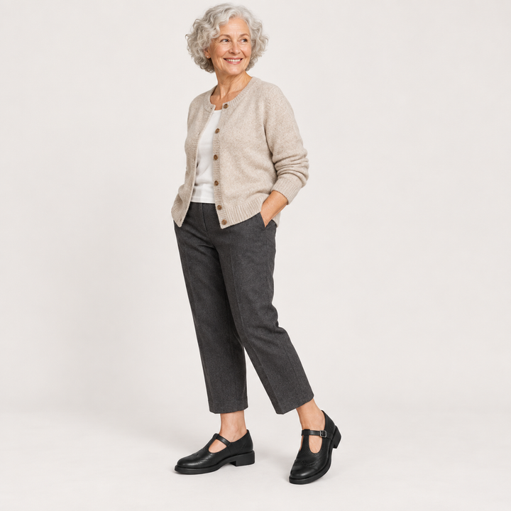 Elisa black Mary Jane shoes worn by a mature woman