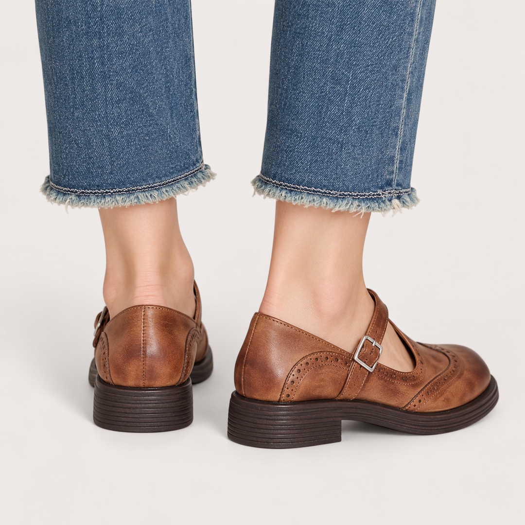 Elisa brown Mary Jane shoes, rear and heel view