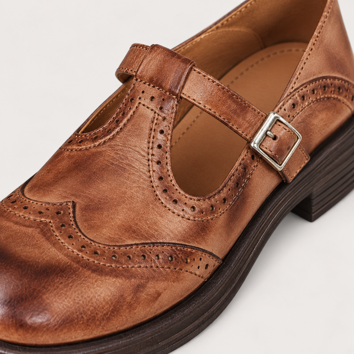 Elisa brown Mary Jane shoes, leather brogue and buckle detail