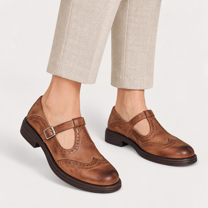 Elisa brown brogue Mary Jane shoes worn, product-focused main view