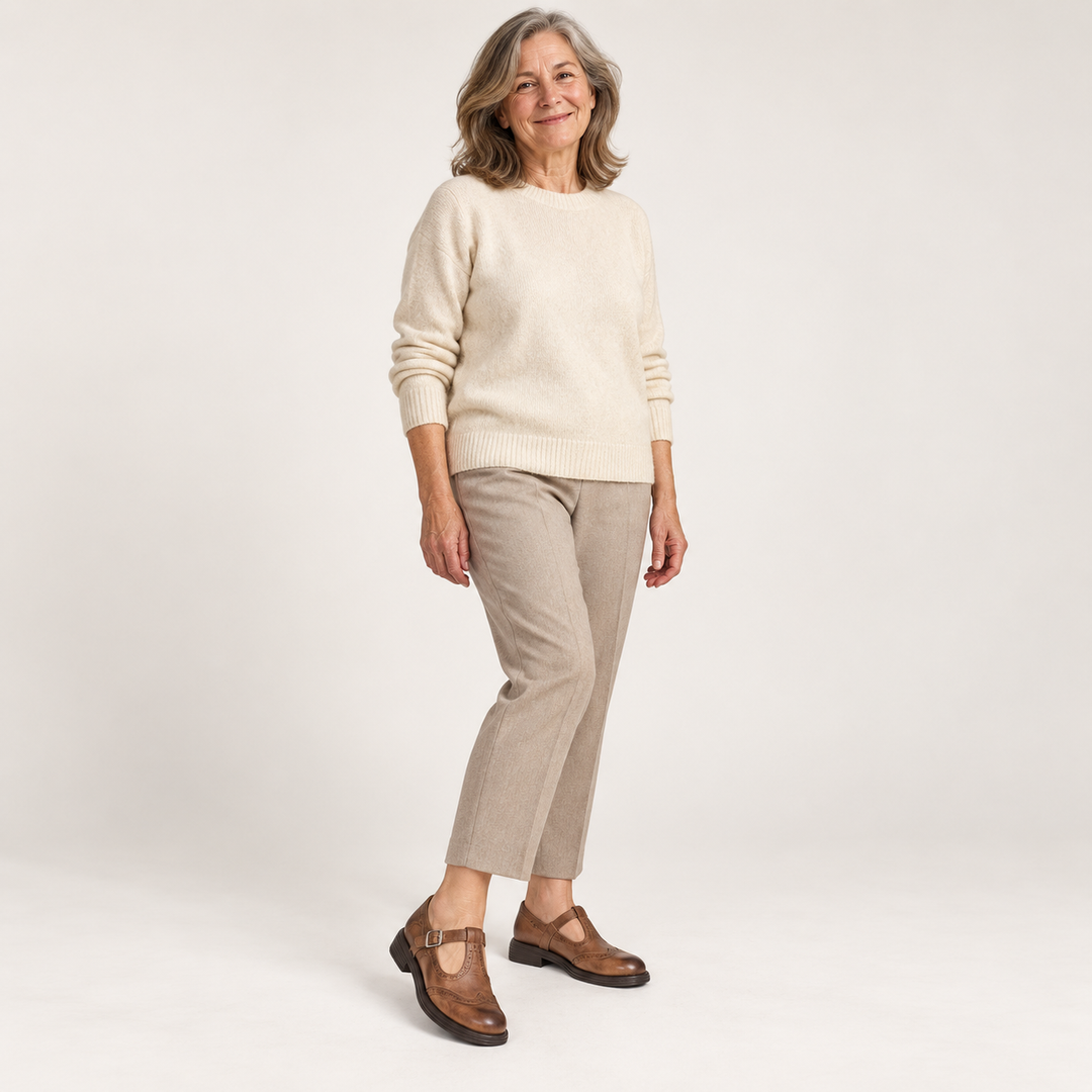 Elisa brown Mary Jane shoes worn by a mature woman, front view