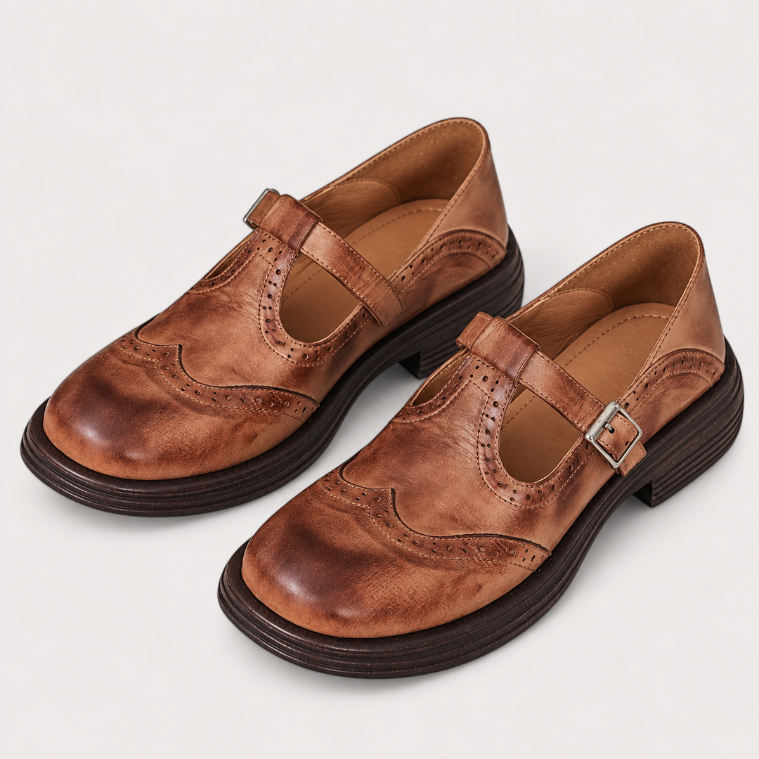 Elisa brown Mary Jane shoes isolated, front three-quarter view