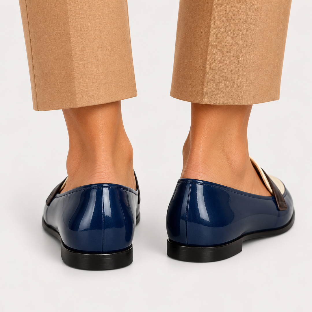 Elisa navy loafers, rear heel view