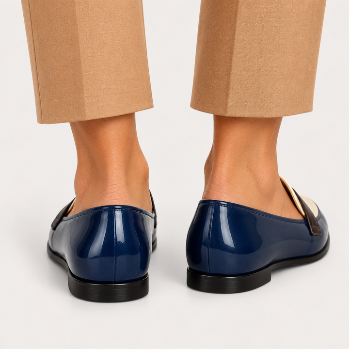 Elisa navy loafers, rear heel view