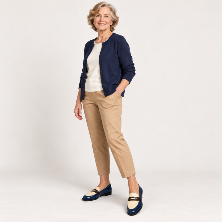 Elisa two-tone loafers worn by a mature British woman