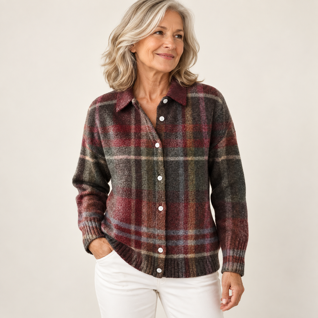 EMELYN checked blouse — clean studio context on mature model