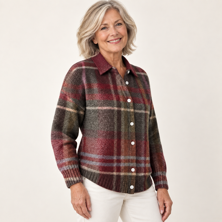 EMELYN checked shirt worn by a mature British woman in a three-quarter studio view