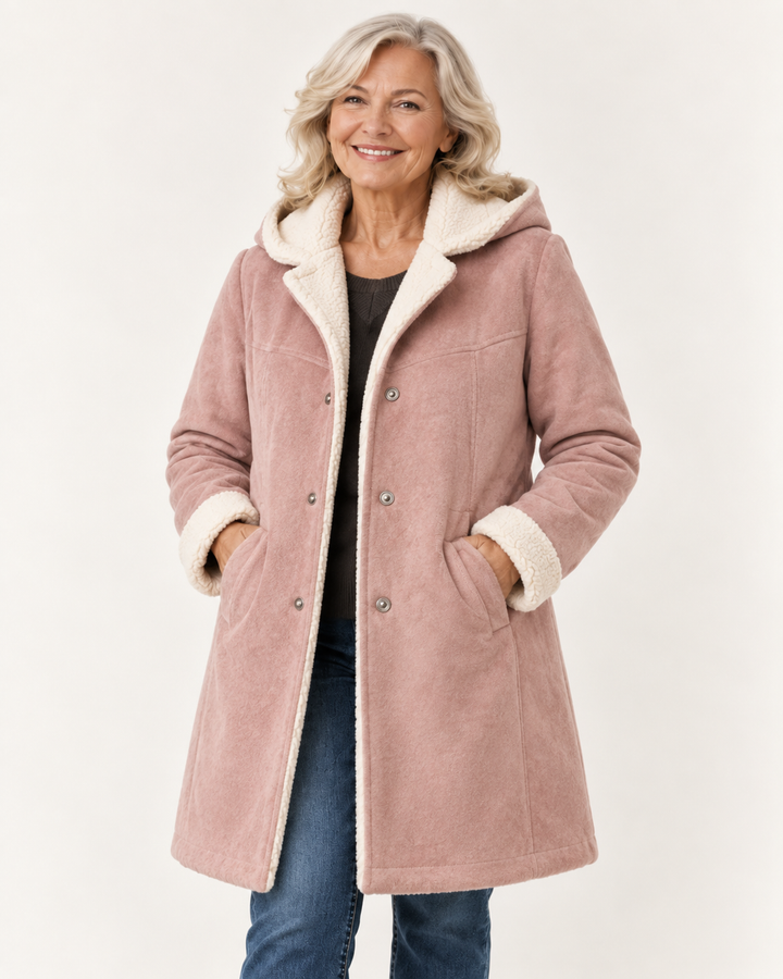 Women's Faux Suede Hooded Coat – Warm Lined — senior model — clean back