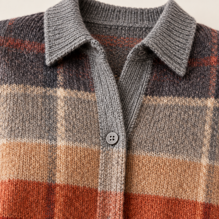 FLORIA checked knit shirt fabric, collar and button finish close-up