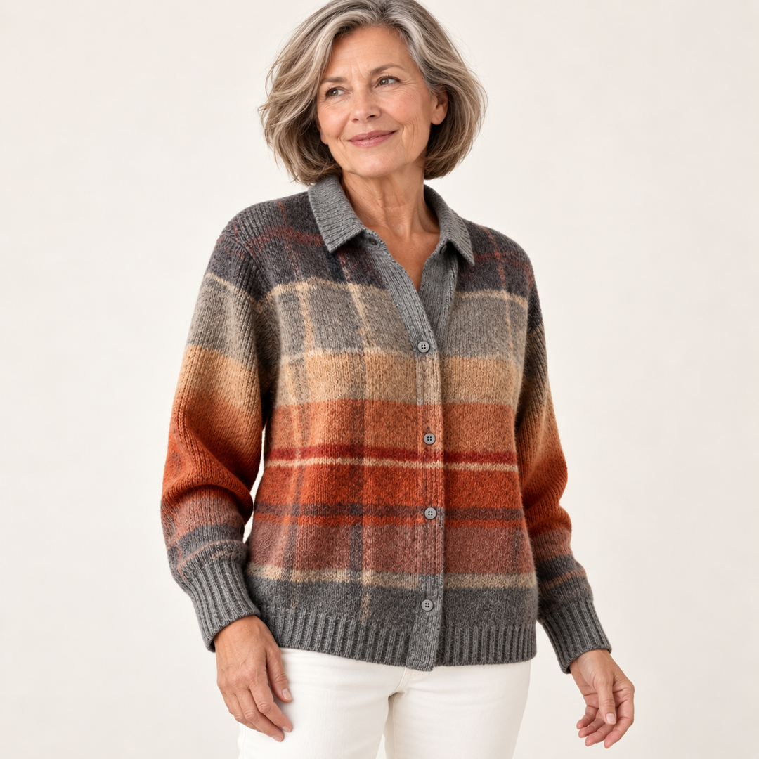 FLORIA checked knit shirt worn by a mature British woman in a three-quarter studio view
