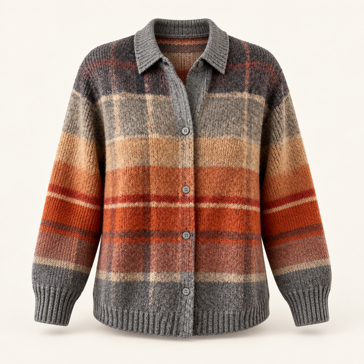 FLORIA checked knit shirt isolated product view on a clean warm off-white background