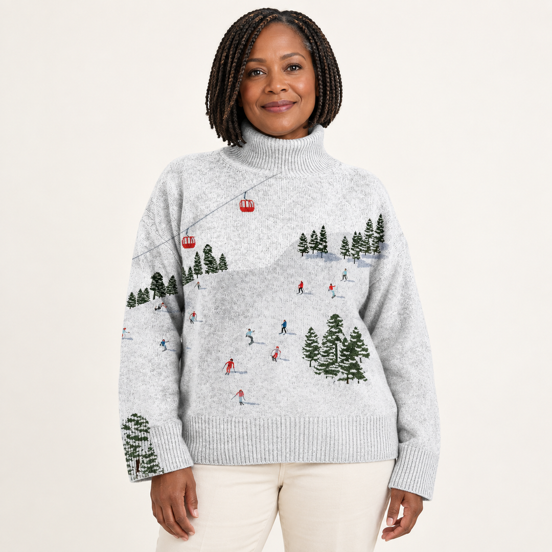 Frances artistic knit jumper on a mature model