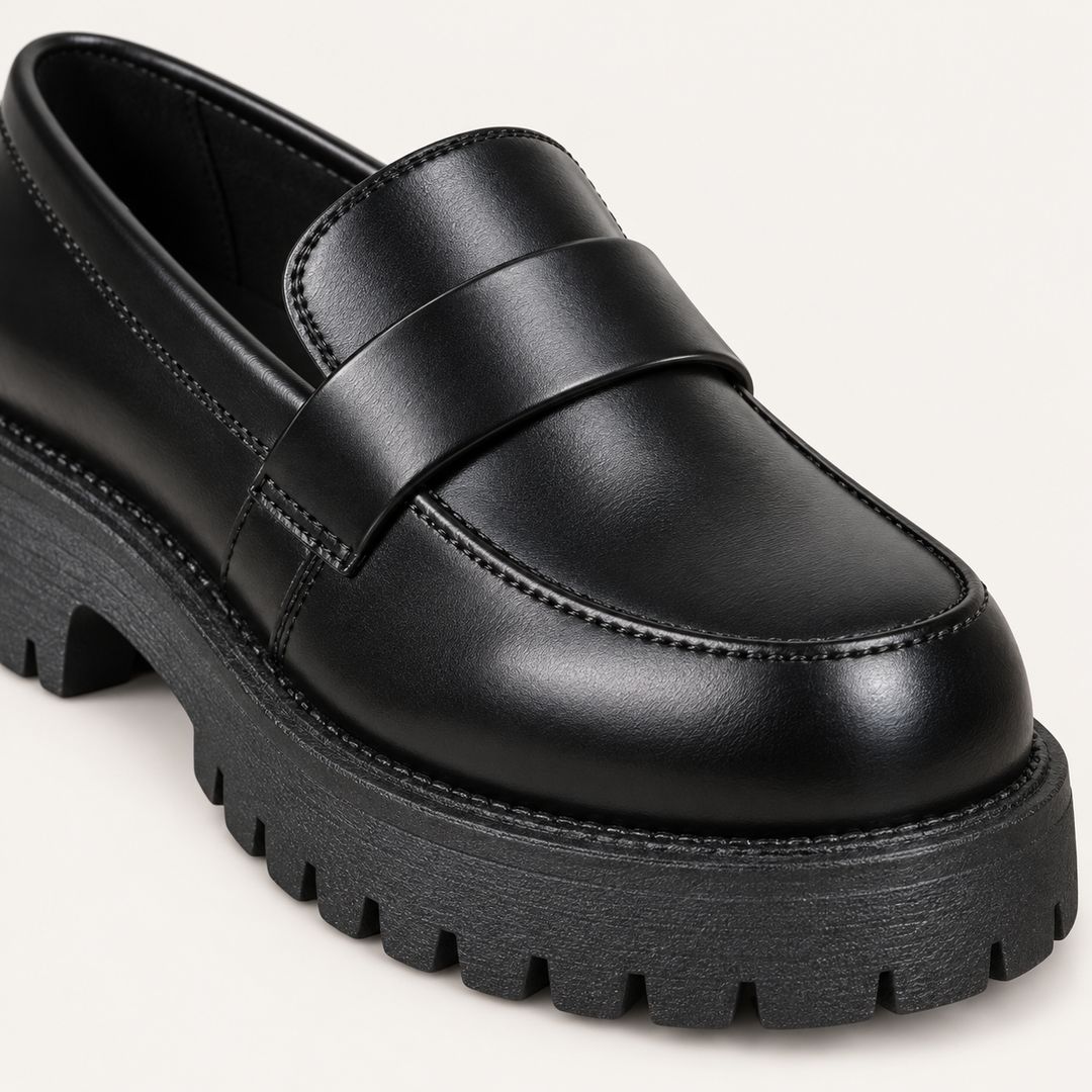 Giada black loafer, leather stitching and lug sole detail