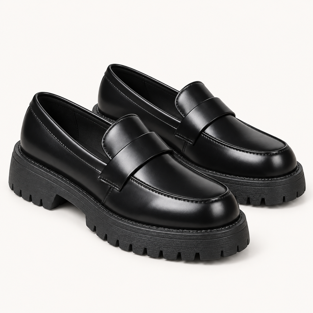 Giada black platform loafers, isolated front three-quarter view